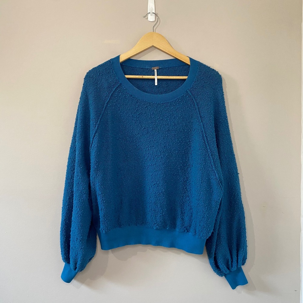 Free People Found My Friend Boucle Sweater Teal Blue Balloon Sleeve XS Womens